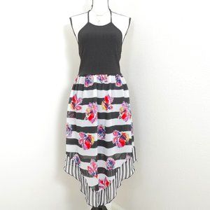 Xhilaration Floral Black White Stripe Halter Dress